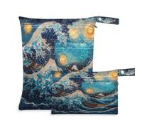 xigua Beautiful Wave Starry Sky Wet Bag Nappy Bag,2 PCS Wet Dry Bag, Reusable Produce Bags,Waterproof Washable Hanging Large Two Zippered Pockets for Baby Diaper Travel Beach Pool Daycare Gym Bag418