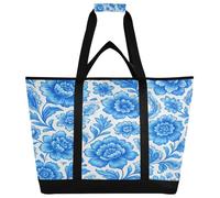xigua Blue and White Flower Pattern Insulated Reusable Grocery Bags, Large Heavy Duty Shopping Tote, Foldable Cooler Bag with Handles for Fruit Vegetable Clothes Toys and Picnic392