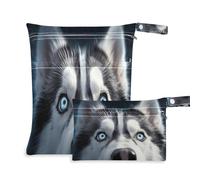 xigua Blue Eyed Husky Wet Bag Nappy Bag,2 PCS Wet Dry Bag, Reusable Produce Bags,Waterproof Washable Hanging Large Two Zippered Pockets for Baby Diaper Travel Beach Pool Daycare Gym Bag808