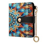 xigua Blue Orange Mandala Wallet for Women, Small Slim PU Leather Credit Card Wallets RFID Blocking Bifold, Zipper Coin Pocket Purse
