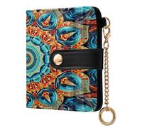 xigua Blue Orange Mandala Wallet for Women, Small Slim PU Leather Credit Card Wallets RFID Blocking Bifold, Zipper Coin Pocket Purse