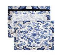 xigua Blue Vintage Tiles Binder Pencil Pouch with Zipper Enforced Hole 3 Ring Pencil Case Fits Standard 3-Ring Binders-2 Pack