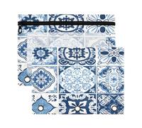 xigua Blue Vintage Tiles Binder Pencil Pouch with Zipper Enforced Hole 3 Ring Pencil Case Fits Standard 3-Ring Binders-2 Pack