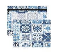 xigua Blue Vintage Tiles Binder Pencil Pouch with Zipper Enforced Hole 3 Ring Pencil Case Fits Standard 3-Ring Binders-2 Pack
