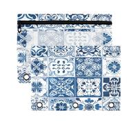 xigua Blue Vintage Tiles Binder Pencil Pouch with Zipper Enforced Hole 3 Ring Pencil Case Fits Standard 3-Ring Binders-2 Pack