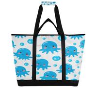 xigua Cartoon Blue Octopus Insulated Reusable Grocery Bags, Large Heavy Duty Shopping Tote, Foldable Cooler Bag with Handles for Fruit Vegetable Clothes Toys and Picnic75