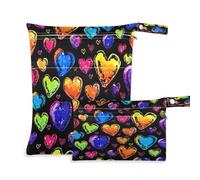 xigua Colorful Love Heart Wet Bag Nappy Bag,2 PCS Wet Dry Bag, Reusable Produce Bags,Waterproof Washable Hanging Large Two Zippered Pockets for Baby Diaper Travel Beach Pool Daycare Gym Bag116