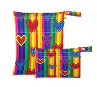 xigua Colorful Love Heart Wet Bag Nappy Bag,2 PCS Wet Dry Bag, Reusable Produce Bags,Waterproof Washable Hanging Large Two Zippered Pockets for Baby Diaper Travel Beach Pool Daycare Gym Bag124