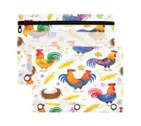 xigua Colorful Roosters Binder Pencil Pouch with Zipper Enforced Hole 3 Ring Pencil Case Fits Standard 3-Ring Binders-2 Pack