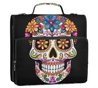 xigua Colorful Sugar Skull Zipper Binder - 1.5 Inch D-Rings Portfolio Binder Organizer - Expanding File Folder with Shoulder Strap
