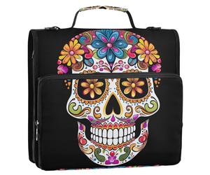 xigua Colorful Sugar Skull Zipper Binder - 1.5 Inch D-Rings Portfolio Binder Organizer - Expanding File Folder with Shoulder Strap