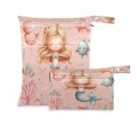 xigua Cute Cartoon Mermaid Wet Bag Nappy Bag,2 PCS Wet Dry Bag, Reusable Produce Bags,Waterproof Washable Hanging Large Two Zippered Pockets for Baby Diaper Travel Beach Pool Daycare Gym Bag128