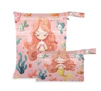 xigua Cute Cartoon Mermaid Wet Bag Nappy Bag,2 PCS Wet Dry Bag, Reusable Produce Bags,Waterproof Washable Hanging Large Two Zippered Pockets for Baby Diaper Travel Beach Pool Daycare Gym Bag124