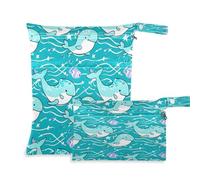 xigua Cute Dolphins (2) Wet Bag Nappy Bag,2 PCS Wet Dry Bag, Reusable Produce Bags,Waterproof Washable Hanging Large Two Zippered Pockets for Baby Diaper Travel Beach Pool Daycare Gym Bag415