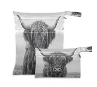 xigua Cute Grey Highland Cow Wet Bag Nappy Bag,2 PCS Wet Dry Bag, Reusable Produce Bags,Waterproof Washable Hanging Large Two Zippered Pockets for Baby Diaper Travel Beach Pool Daycare Gym Bag471