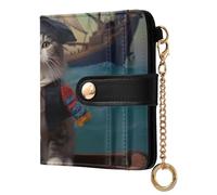 xigua Cute Pirate Cat Wallet for Women, Small Slim PU Leather Credit Card Wallets RFID Blocking Bifold, Zipper Coin Pocket Purse