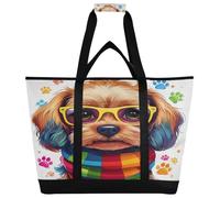 xigua Dog Wearing Glasses and A Scarf Insulated Reusable Grocery Bags, Large Heavy Duty Shopping Tote, Foldable Cooler Bag with Handles for Fruit Vegetable Clothes Toys and Picnic141