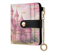 xigua Dreamy Castle Pink Wallet for Women, Small Slim PU Leather Credit Card Wallets RFID Blocking Bifold, Zipper Coin Pocket Purse