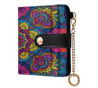 xigua Floral Mandala Boho Pattern Wallet for Women, Small Slim PU Leather Credit Card Wallets RFID Blocking Bifold, Zipper Coin Pocket Purse