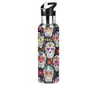 xigua Flower Sugar Skull Water Bottle, Stainless Steel Insulated Water Bottles with Straw Lids, Vacuum Hot Cold Water Bottle Leakproof Sport Water Bottles 20 oz