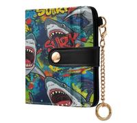 xigua Graffiti Sharks Wallet for Women, Small Slim PU Leather Credit Card Wallets RFID Blocking Bifold, Zipper Coin Pocket Purse