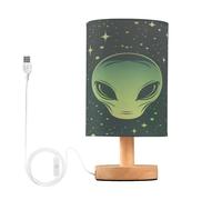 xigua Green Alien Face Bedside Table Lamp, Nightstand Lamp with Linen Fabric Shade - Wooden LED Desk Lamps for Bedrooms, Study Room, Home, College Dorm, Office