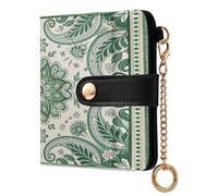 xigua Green Paisley Wallet for Women, Small Slim PU Leather Credit Card Wallets RFID Blocking Bifold, Zipper Coin Pocket Purse