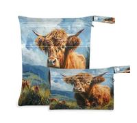 xigua Highland Cow Art Painting Wet Bag Nappy Bag,2 PCS Wet Dry Bag, Reusable Produce Bags,Waterproof Washable Hanging Large Two Zippered Pockets for Baby Diaper Travel Beach Pool Daycare Gym Bag573