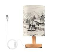 xigua Horses in Ranch Bedside Table Lamp, Nightstand Lamp with Linen Fabric Shade - Wooden LED Desk Lamps for Bedrooms, Study Room, Home, College Dorm, Office