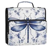 xigua Indigo Dragonfly Zipper Binder - 1.5 Inch D-Rings Portfolio Binder Organizer - Expanding File Folder with Shoulder Strap