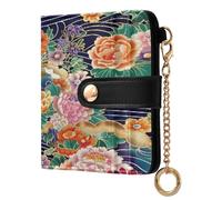 xigua Japanese Waves Floral Wallet for Women, Small Slim PU Leather Credit Card Wallets RFID Blocking Bifold, Zipper Coin Pocket Purse