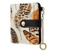 xigua Leopard Print Feathers Wallet for Women, Small Slim PU Leather Credit Card Wallets RFID Blocking Bifold, Zipper Coin Pocket Purse