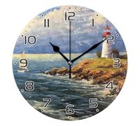 xigua Lighthouse & Sailing Boat Clock Silent Round Wall Clock Non Ticking Battery Device Clocks Creative Decoration Wall Clock for Living Room Bedroom Office Kitchen