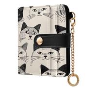 xigua Line Art Cat Faces Wallet for Women, Small Slim PU Leather Credit Card Wallets RFID Blocking Bifold, Zipper Coin Pocket Purse