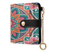 xigua Mandala Bohemian Pink Wallet for Women, Small Slim PU Leather Credit Card Wallets RFID Blocking Bifold, Zipper Coin Pocket Purse