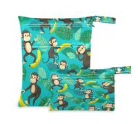 xigua Monkeys and Bananas Wet Bag Nappy Bag,2 PCS Wet Dry Bag, Reusable Produce Bags,Waterproof Washable Hanging Large Two Zippered Pockets for Baby Diaper Travel Beach Pool Daycare Gym Bag30