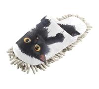 xigua Naughty Black Cat Mop Slippers Cleaning Tool Slippers Anti-Slip Mopping Shoes Microfiber Floor House Slippers （L）