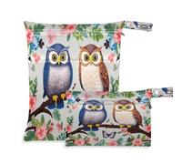 xigua Owls Sitting on Branch Wet Bag Nappy Bag,2 PCS Wet Dry Bag, Reusable Bags,Waterproof Washable Hanging Bag for Baby Diaper Travel Beach Pool Daycare Gym Bag