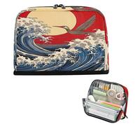 xigua Pencil Case Japanese Sea Wave Large Pencil Pouch for School College Office Upright Pencil Organizer for Student Teens
