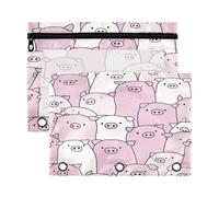 xigua Pink Pig Binder Pencil Pouch with Zipper Enforced Hole 3 Ring Pencil Case Fits Standard 3-Ring Binders-2 Pack