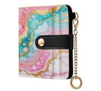 xigua Pink Turquoise Marble Texture Wallet for Women, Small Slim PU Leather Credit Card Wallets RFID Blocking Bifold, Zipper Coin Pocket Purse