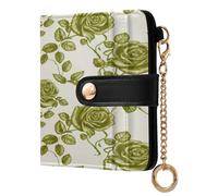 xigua Retro Green Roses Wallet for Women, Small Slim PU Leather Credit Card Wallets RFID Blocking Bifold, Zipper Coin Pocket Purse