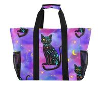 xigua Reusable Grocery Bags Foldable Black Cats Stars Shopping Bags, Heavy Duty Grocery Bags with Reinforced Bottom & Handles