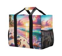 xigua Reusable Grocery Bags Foldable Sandy Beach Colorful Sunset Shopping Bags, Heavy Duty Grocery Bags with Reinforced Bottom & Handles