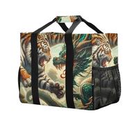 xigua Reusable Grocery Bags Foldable Tiger and Dragon Doing Battle Shopping Bags, Heavy Duty Grocery Bags with Reinforced Bottom & Handles