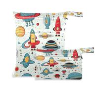 xigua Rockets and Spacecraft Wet Bag Nappy Bag,2 PCS Wet Dry Bag, Reusable Produce Bags,Waterproof Washable Hanging Large Two Zippered Pockets for Baby Diaper Travel Beach Pool Daycare Gym Bag64