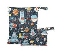 xigua Rockets and Spacecraft Wet Bag Nappy Bag,2 PCS Wet Dry Bag, Reusable Produce Bags,Waterproof Washable Hanging Large Two Zippered Pockets for Baby Diaper Travel Beach Pool Daycare Gym Bag60
