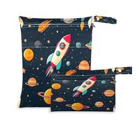 xigua Rockets and Spacecraft Wet Bag Nappy Bag,2 PCS Wet Dry Bag, Reusable Produce Bags,Waterproof Washable Hanging Large Two Zippered Pockets for Baby Diaper Travel Beach Pool Daycare Gym Bag58