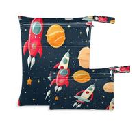 xigua Rockets and Spacecraft Wet Bag Nappy Bag,2 PCS Wet Dry Bag, Reusable Produce Bags,Waterproof Washable Hanging Large Two Zippered Pockets for Baby Diaper Travel Beach Pool Daycare Gym Bag55