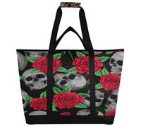 xigua Rose Skull Insulated Reusable Grocery Bags, Large Heavy Duty Shopping Tote, Foldable Cooler Bag with Handles for Fruit Vegetable Clothes Toys and Picnic627